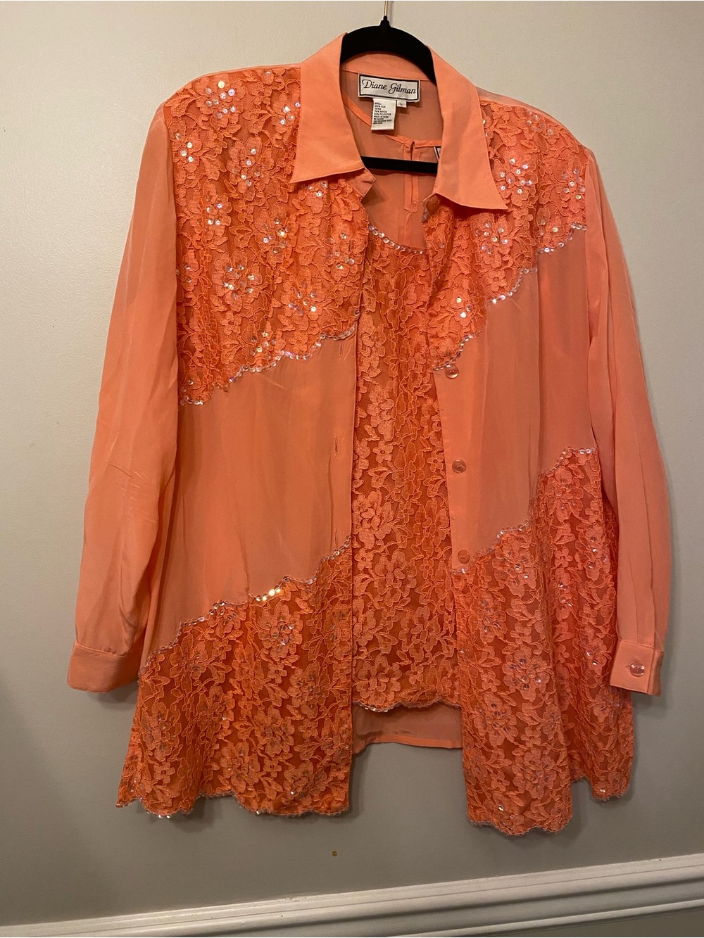 Diane Gilman Coral Lace & Sequin Button-Up Tunic